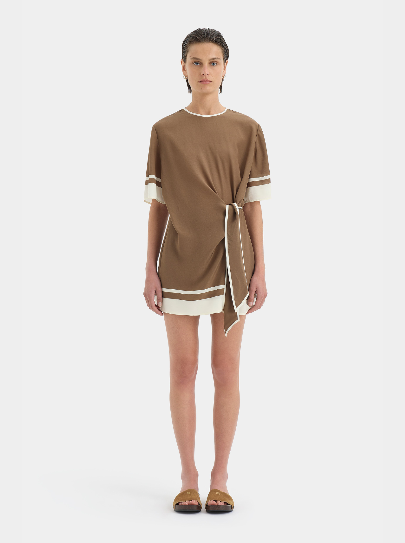 Vestido Mini de Seda Mujer Lazada en la Cintura