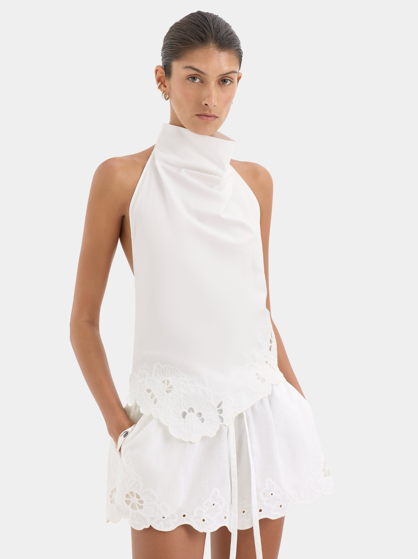 Top Anudado Bordado Mujer Cuello Halter Alto