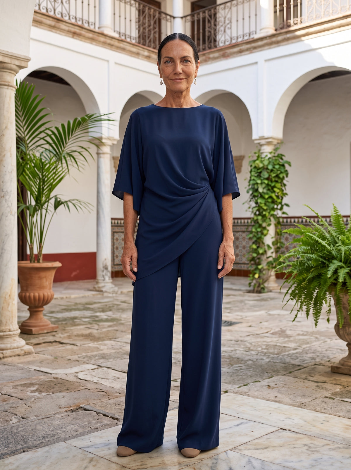 Matilde | Conjunto de dos piezas con blusa de manga capa y pantalón ancho