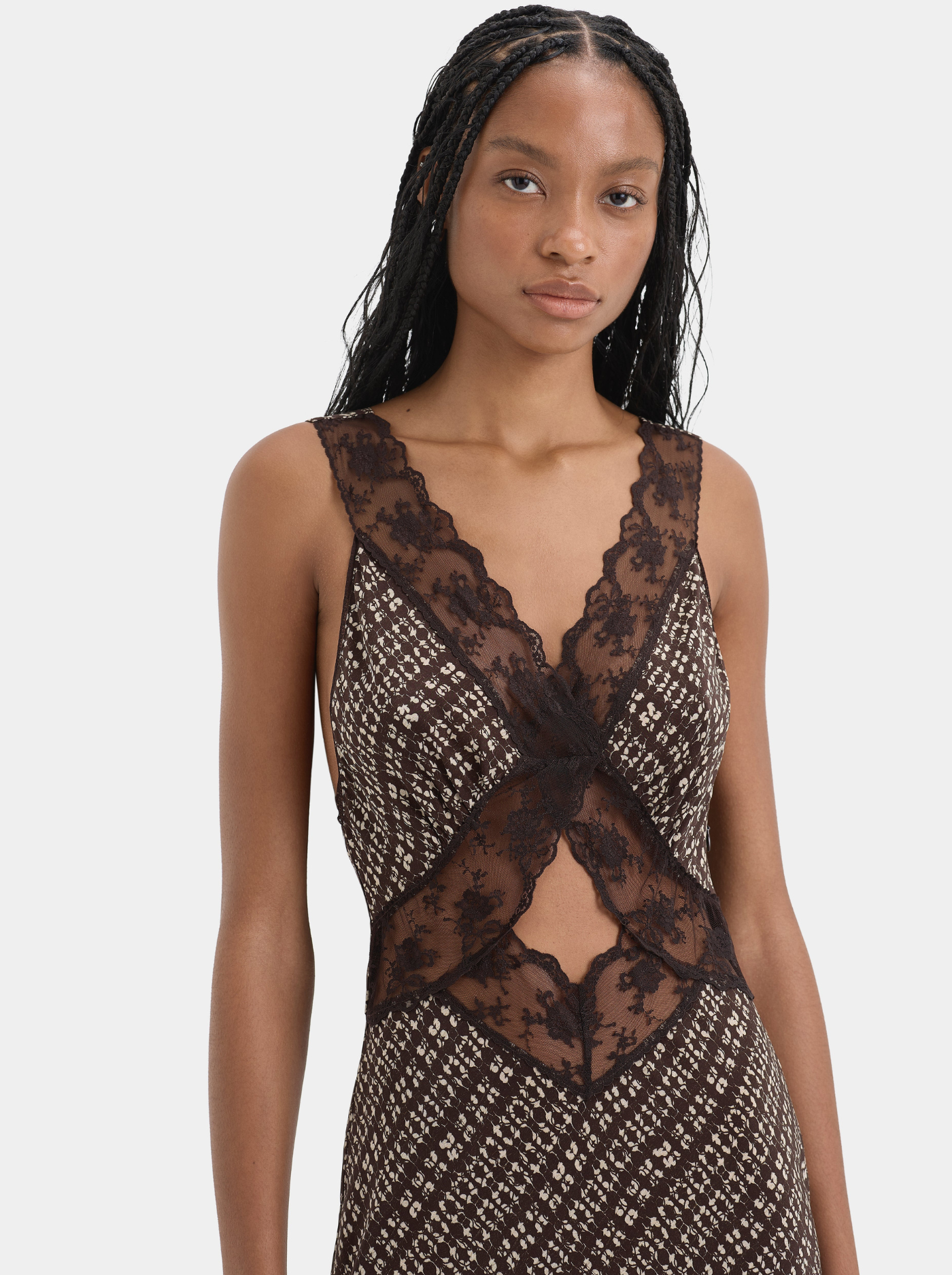 Vestido Largo con Aberturas Mujer Encaje Chocolate