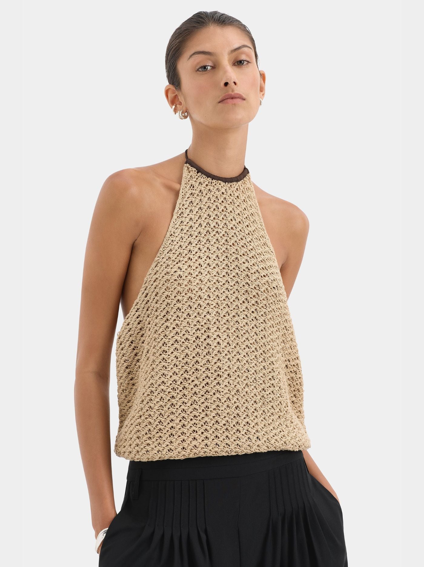 Top Anudado de Ganchillo Mujer Cuello Alto Halter