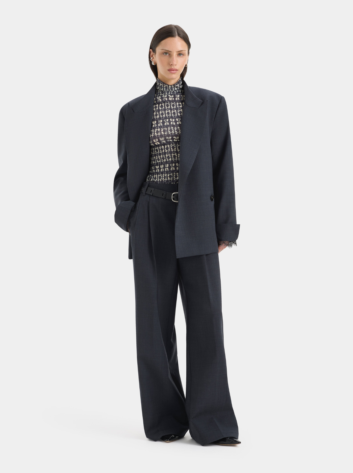 Pantalón de Pierna Ancha Mujer Talle Alto Detalle Encaje
