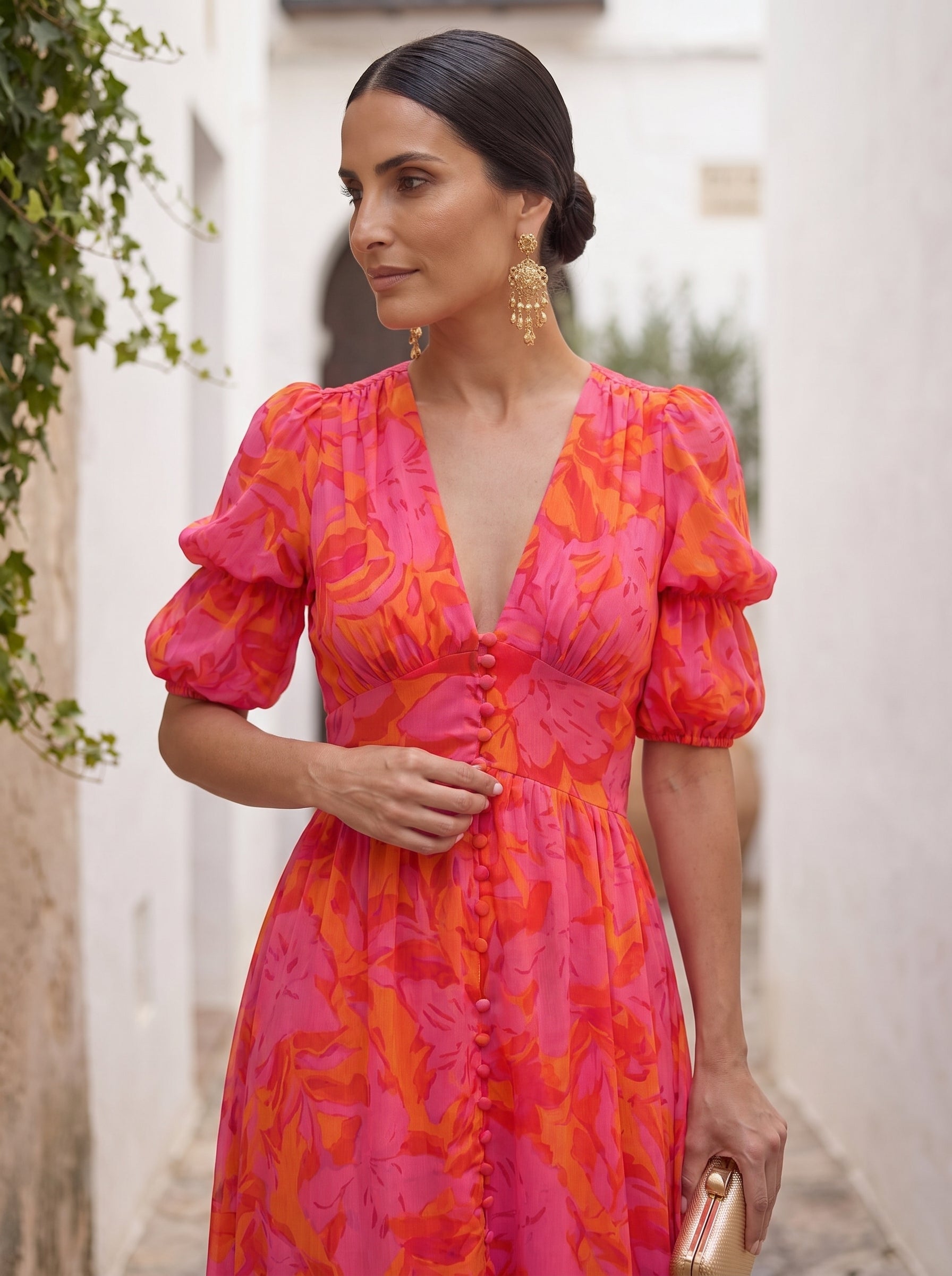 Aurora | Vestido largo fluido rojo con estampado exclusivo